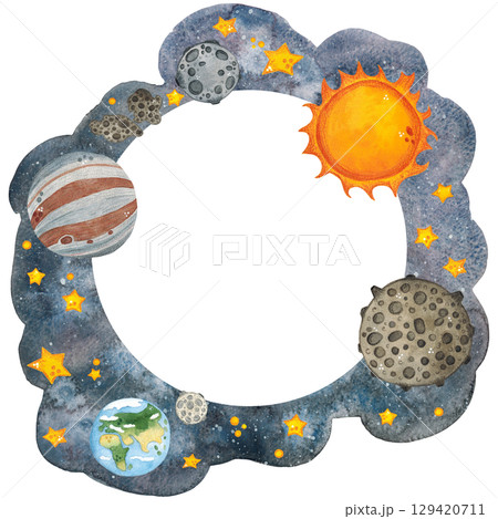 Round frame with planets, sun on a background of stars and outer space. Watercolor illustration hand drawn. Drawing for cards, photo frames, invitations, scrapbooking 129420711