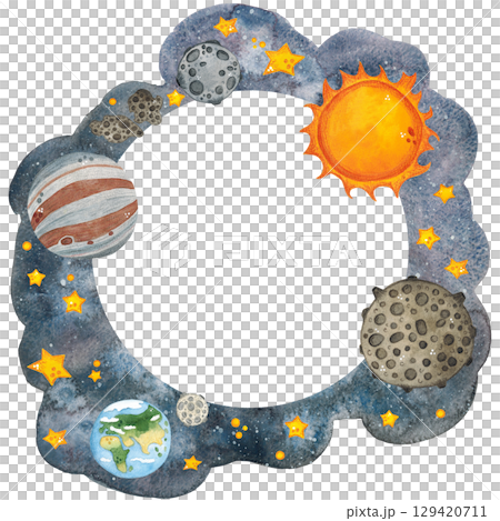 Round frame with planets, sun on a background of stars and outer space. Watercolor illustration hand drawn. Drawing for cards, photo frames, invitations, scrapbooking 129420711