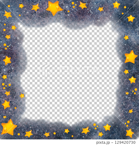 Stars fly in outer space, square frame, hand-drawn watercolor illustration. Drawing for cards, photo frames, invitations, scrapbooking 129420730