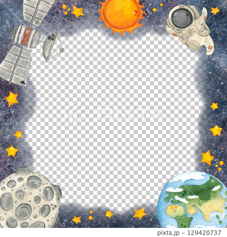 Astronaut, planet Earth, moon, sun and stars fly in outer space, square frame, hand drawn watercolor illustration. Drawing for cards, photo frames, invitations, scrapbooking Astronaut, planet Earth, moon, sun and stars fly in outer space, square frame, hand drawn watercolor illustration. Drawing for cards, photo frames, invitations, scrapbooking 129420737