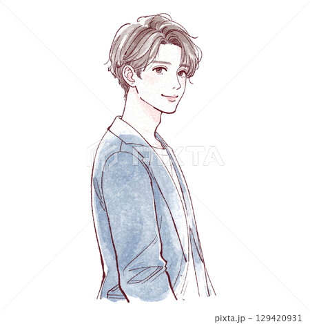 水彩画の男性ポートレート - 手描き風スタイル 129420931