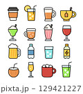 Set of Various Beverage Icons Including Coffee, Tea, Beer, Cocktails, and Soda 129421227