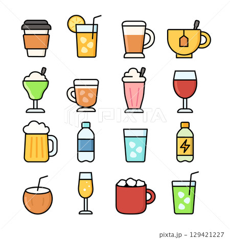 Set of Various Beverage Icons Including Coffee, Tea, Beer, Cocktails, and Soda 129421227