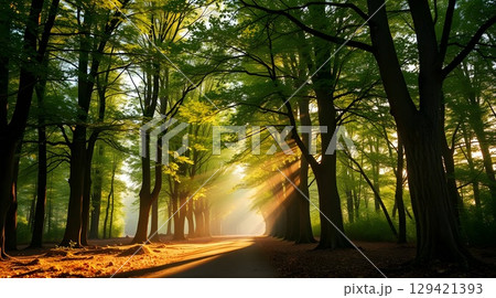 Sunlight Filtering Through Green Forest Trees on a Peaceful Path | 8k Nature Background 129421393