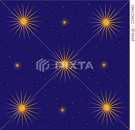 A seamless pattern depicting a stylized night sky with a blue background and yellow stars of varying sizes. Large stars have rays, and small ones are made as dots. This illustration is perfect for bac 129421463