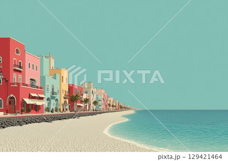 レトロなイタリア海辺の街並みと穏やかな海　パステルイラスト 129421464