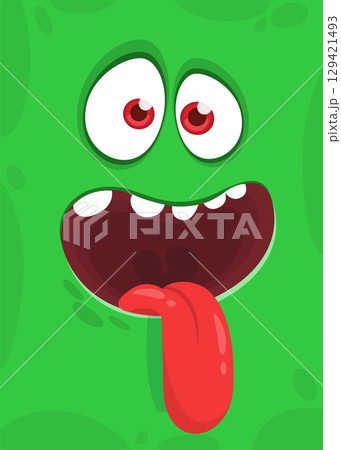 Funny cartoon monster face showing tongue. Illustration of cute and happy monster character. Great for package design or party decoration Funny cartoon monster face showing tongue. Illustration of cute and happy monster character. Great for package design or party decoration 129421493