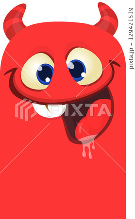 Funny cartoon monster face. Illustration of cute and happy monster expression. Halloween design Funny cartoon monster face. Illustration of cute and happy monster expression. Halloween design 129421519
