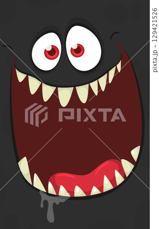 Funny cartoon monster face. Illustration of cute and happy monster expression. Halloween design 129421526