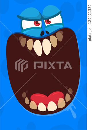 Funny cartoon monster face. Illustration of cute and happy monster expression. Halloween design Funny cartoon monster face. Illustration of cute and happy monster expression. Halloween design 129421529