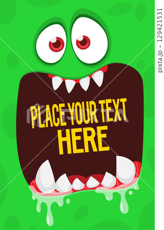 Cartoon monster face with funy expression opened mouth blank space banner for text . Great for package design or party decoration 129421531