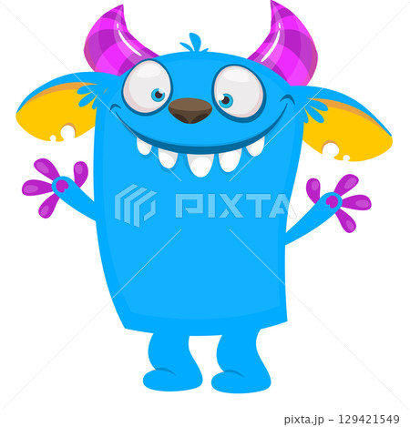 Cartoon cute monster with funny excited face expression waving hands. Vector illustration isolated on white. Halloween design Cartoon cute monster with funny excited face expression waving hands. Vector illustration isolated on white. Halloween design 129421549