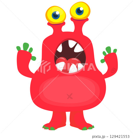 Cartoon cute monster with funny excited face expression waving hands. Vector illustration isolated on white. Halloween design 129421553