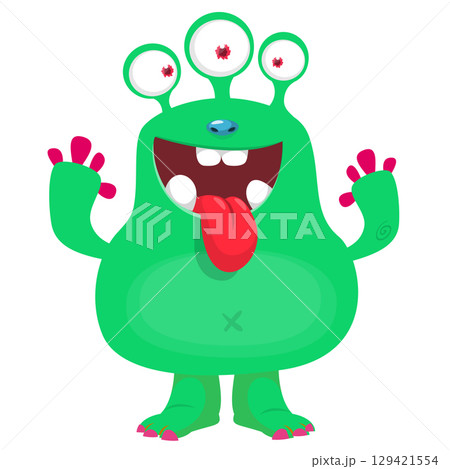 Cartoon cute monster showing long tongue. Vector illustration of alien character. Halloween design 129421554