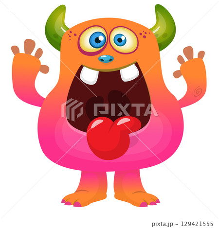 Cartoon cute monster showing long tongue. Vector illustration of alien character. Halloween design Cartoon cute monster showing long tongue. Vector illustration of alien character. Halloween design 129421555