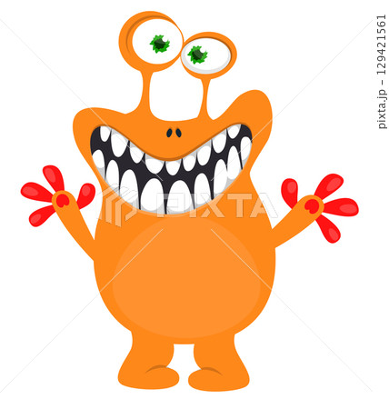 Cartoon cute monster with funny excited face expression waving hands . Vector illustration isolated on white. Halloween design 129421561