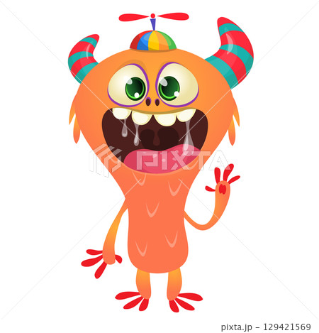 Cartoon cute monster with funny excited face expression waving hands . Vector illustration isolated on white. Halloween design Cartoon cute monster with funny excited face expression waving hands . Vector illustration isolated on white. Halloween design 129421569