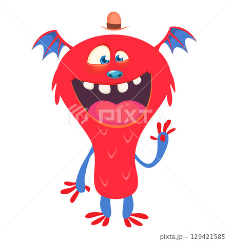 Cartoon cute monster with funny excited face expression waving hands. Vector illustration isolated on white. Halloween design Cartoon cute monster with funny excited face expression waving hands. Vector illustration isolated on white. Halloween design 129421585