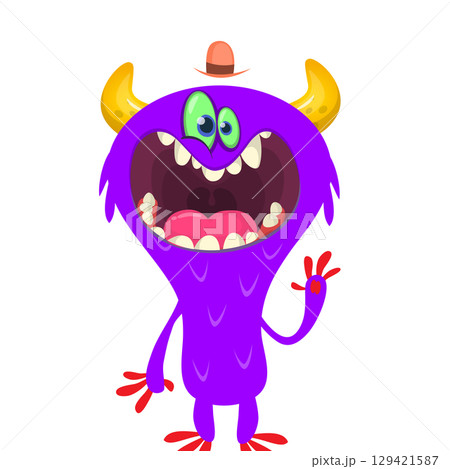 Cartoon cute monster with funny excited face expression waving hands. Vector illustration isolated on white. Halloween design Cartoon cute monster with funny excited face expression waving hands. Vector illustration isolated on white. Halloween design 129421587