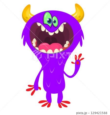Cartoon cute monster with funny excited face expression waving hands. Vector illustration isolated on white. Halloween design 129421588