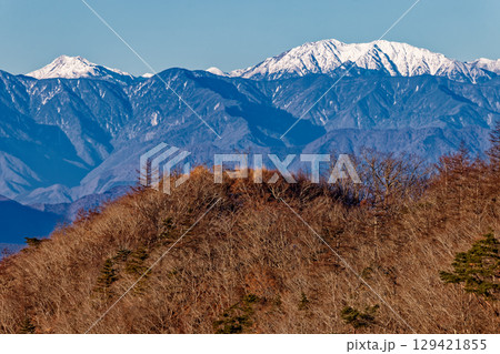 冬の杓子山山頂と南アルプスの山並み 冬の杓子山山頂と南アルプスの山並み 129421855