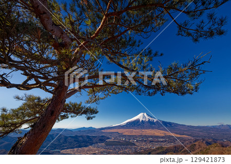 鹿留山の下りから見る冬の富士山と忍野集落 129421873