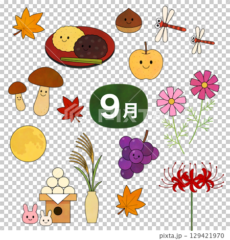九月季節線描插畫集（秋季美食、花卉、賞月） 129421970