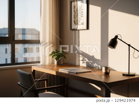 Minimal Home Office Desk with Laptop and Coffee Mug in Sunlight Minimal Home Office Desk with Laptop and Coffee Mug in Sunlight 129421974