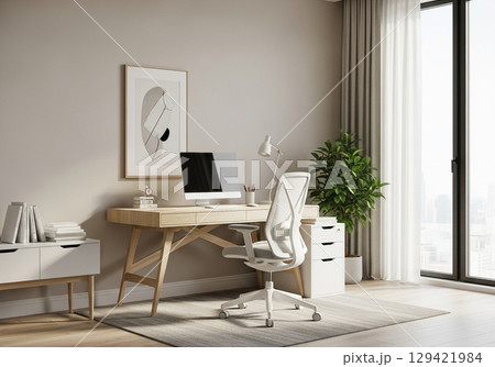Modern Minimalist Home Office with Wooden Desk and White Chair 129421984
