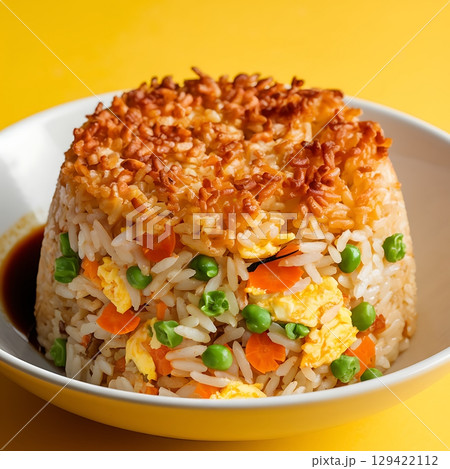 Vibrant Molded Fried Rice with Crispy Crown, Green Peas and Scrambled Eggs Vibrant Molded Fried Rice with Crispy Crown, Green Peas and Scrambled Eggs 129422112