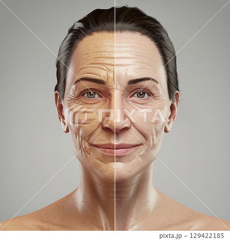Before and After Anti-Aging Treatment Comparison Showing Wrinkle Reduction on Woman's Face 129422185