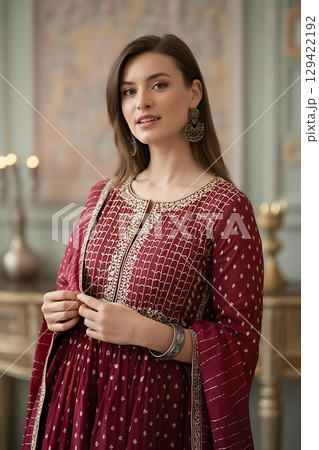Woman in traditional red dress with intricate gold embroidery, elegant portrait. 129422192