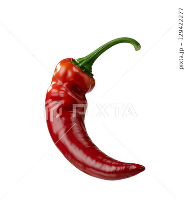 Vibrant red chili pepper with a curvy shape and a fresh green stem 129422277