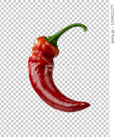 Vibrant red chili pepper with a curvy shape and a fresh green stem 129422277