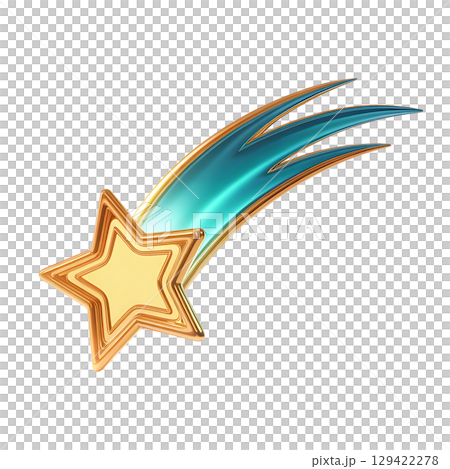 Shiny golden star with blue-green glowing tail, resembling a meteor in motion 129422278