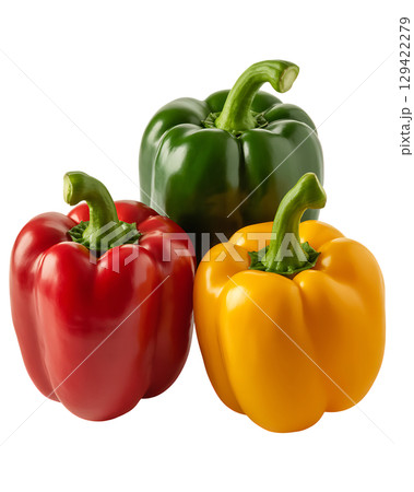 Fresh bell peppers in vibrant red, green, and yellow stacked neatly together 129422279