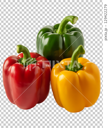 Fresh bell peppers in vibrant red, green, and yellow stacked neatly together 129422279