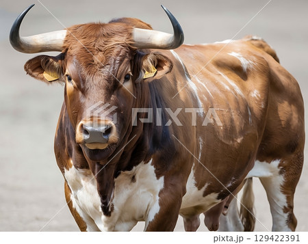 Powerful Brown Bull with Large Horns in Natural Setting 129422391