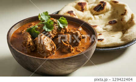 Aromatic Butter Chicken Curry Served with Fresh Naan Bread Aromatic Butter Chicken Curry Served with Fresh Naan Bread 129422404