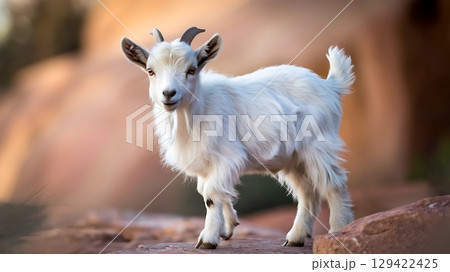 Young White Kid Goat Posing on Desert Rocks 129422425