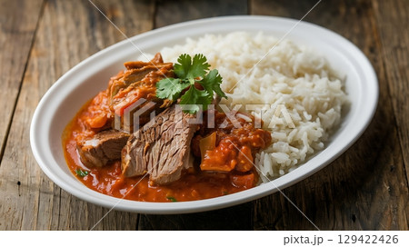 Hearty Beef Stew with White Rice on Rustic Table 129422426