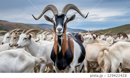 Majestic Horned Goat Leading Mountain Herd on Hillside 129422428