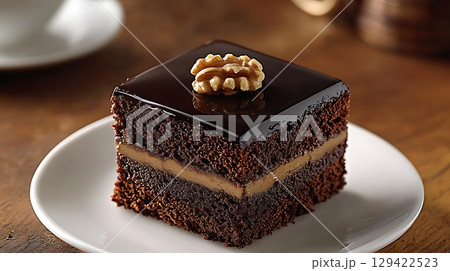 Delicious chocolate cake with walnut, perfect for dessert lovers. 129422523