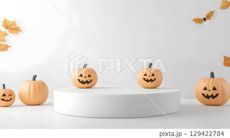 Minimal Halloween mockup with floating pumpkin heads and clean white podium. Great for modern seasonal product presentations. 129422784