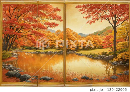 秋の屏風絵 - 紅葉と渓流の日本画風二連パネル 129422906