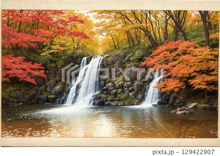 秋色に染まった渓谷の二段滝風景 129422907