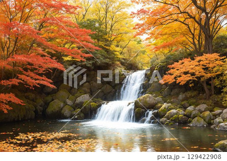 秋色豊かな渓流と苔むす岩場 129422908