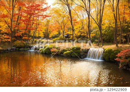 小滝と紅葉が美しい日本の風景 129422909