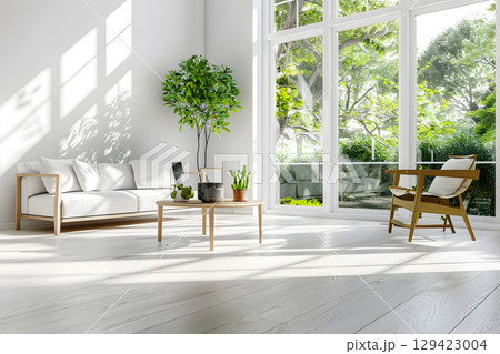 Minimal Scandinavian living room interior with natural light and empty space for text, ideal for real estate ads or website banners. Minimal Scandinavian living room interior with natural light and empty space for text, ideal for real estate ads or website banners. 129423004