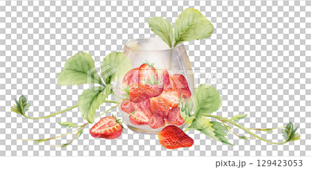 Strawberry full and cut in half served in glass with leaves hand drawn in watercolor. Ripe picked berry pineberry strasberry snakeberry harvest. Isolated illustration. Farmers market grocery preserves Strawberry full and cut in half served in glass with leaves hand drawn in watercolor. Ripe picked berry pineberry strasberry snakeberry harvest. Isolated illustration. Farmers market grocery preserves 129423053